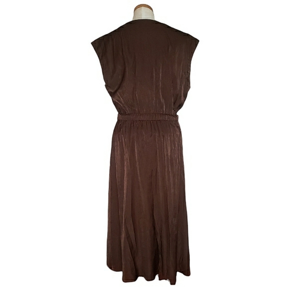 Banana Republic SS Shiny Satin Sheen Twill Wrap Burnt Umber Brown Midi Dress S - Picture 4 of 16